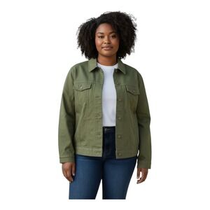 NEW‎ Cherokee Womens Large Olive Green Denim Jacket Denim Relaxed Fit